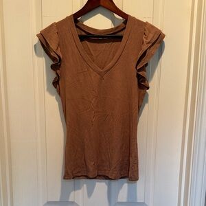 Brown Ruffle Sleeve V-Neck Top